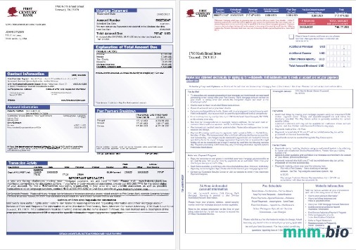 USA First Century Bank wyciąg z kredytu hipotecznego w formatach Word i PDF, 3 strony 1-2